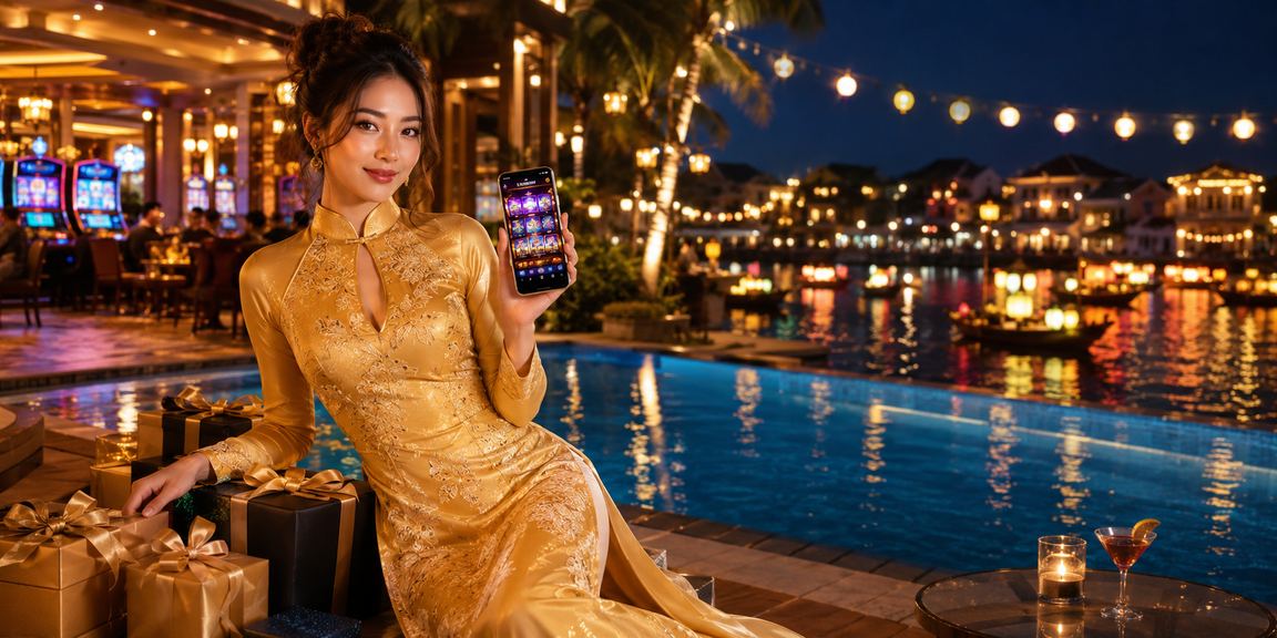 Người phụ nữ mặc áo dài tại Hội An dùng điện thoại truy cập ứng dụng casino trong không gian phố cổ yên tĩnh