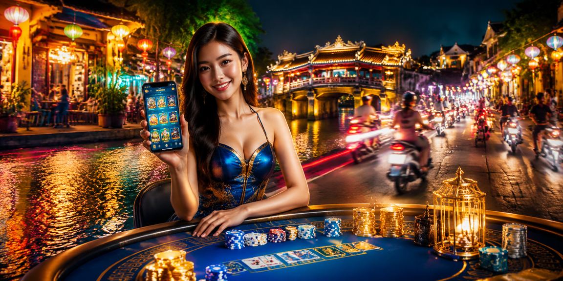 Người dùng tại chợ đêm Hội An truy cập nền tảng casino trực tuyến qua điện thoại di động ban đêm